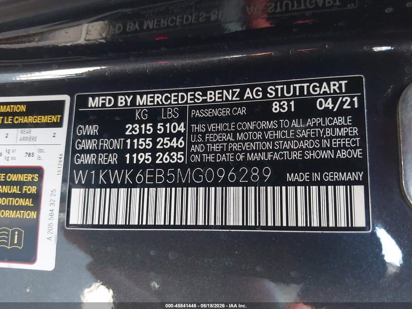 MERCEDES-BENZ AMG C 43 2021 VIN W1KWK6EB5MG096289