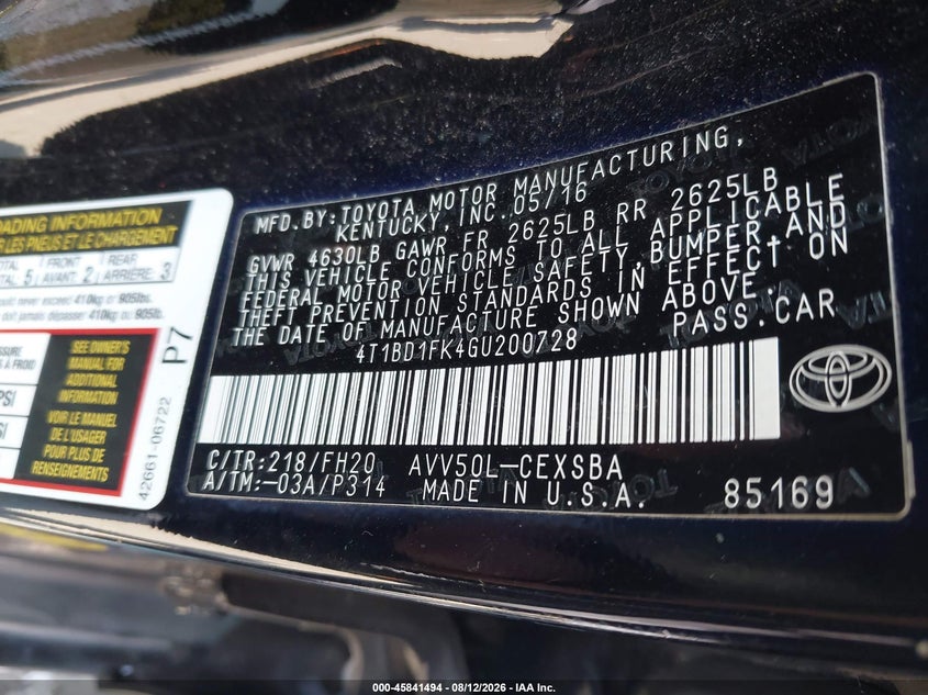 2016 TOYOTA CAMRY SEDAN 2.5L I-4 DOHC, VVT, 156HP