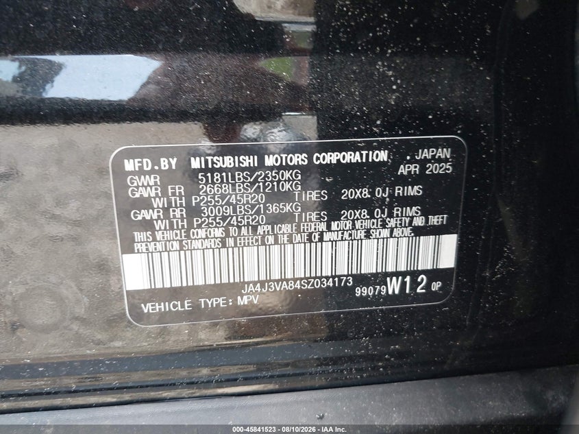 MITSUBISHI OUTLANDER 2025 VIN JA4J3VA84SZ034173