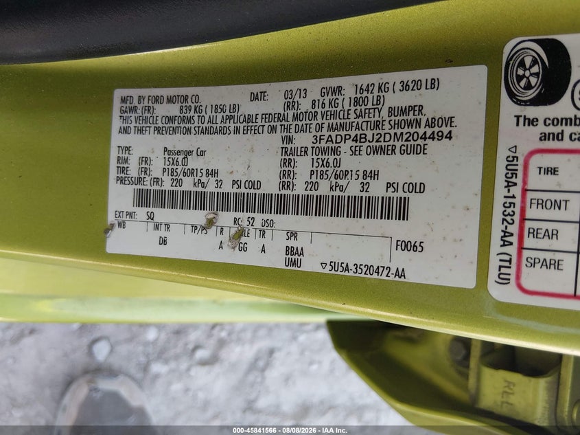FORD FIESTA 2013 VIN 3FADP4BJ2DM204494