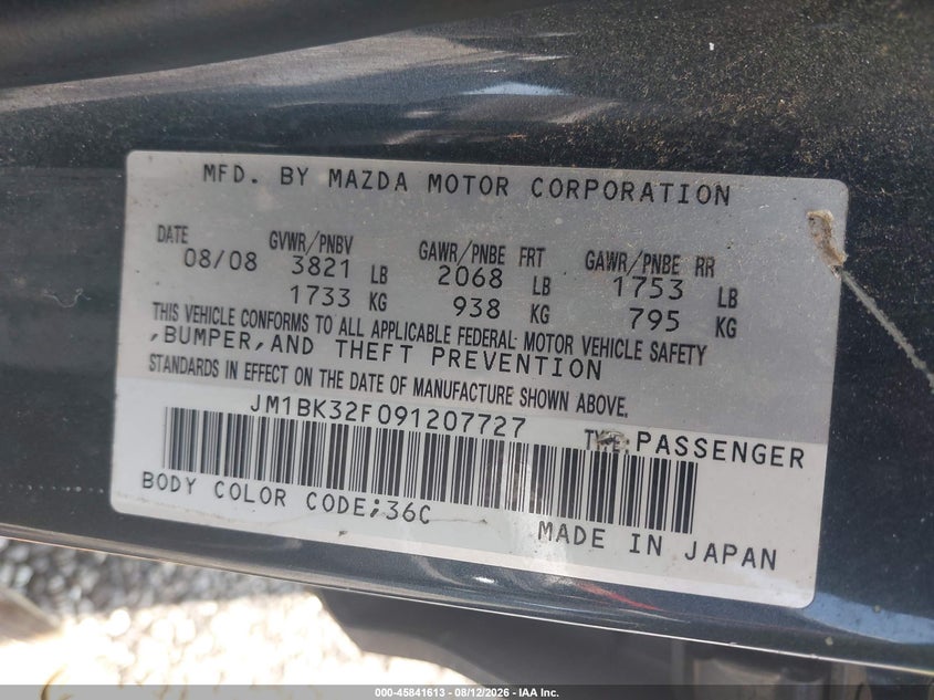 MAZDA MAZDA3 2009 VIN JM1BK32F091207727
