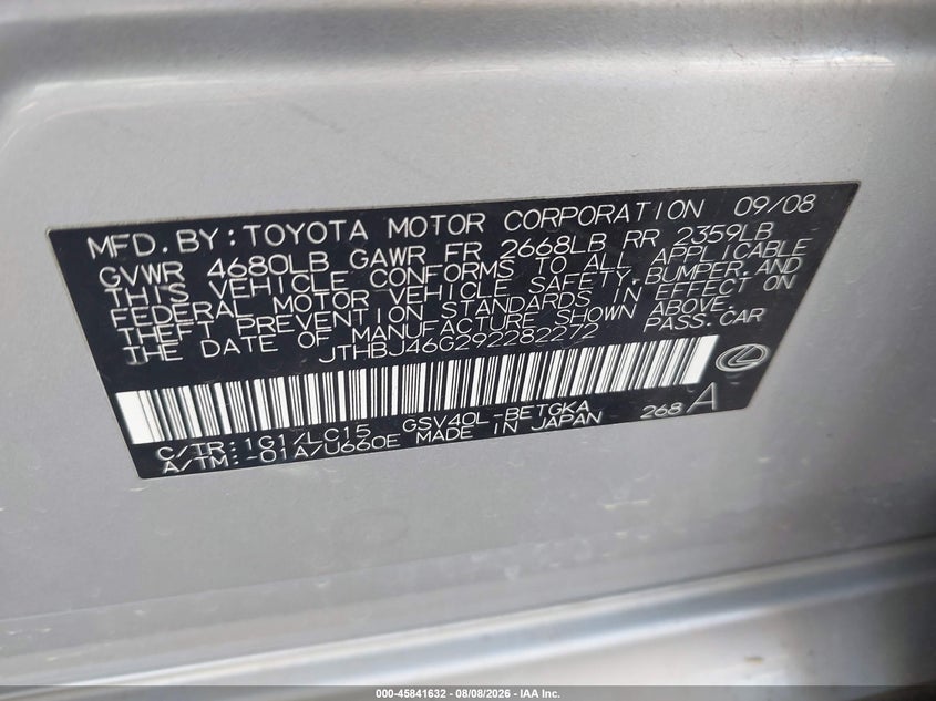 2009 LEXUS ES SEDAN 3.5L V-6 DOHC, VVT, 272HP