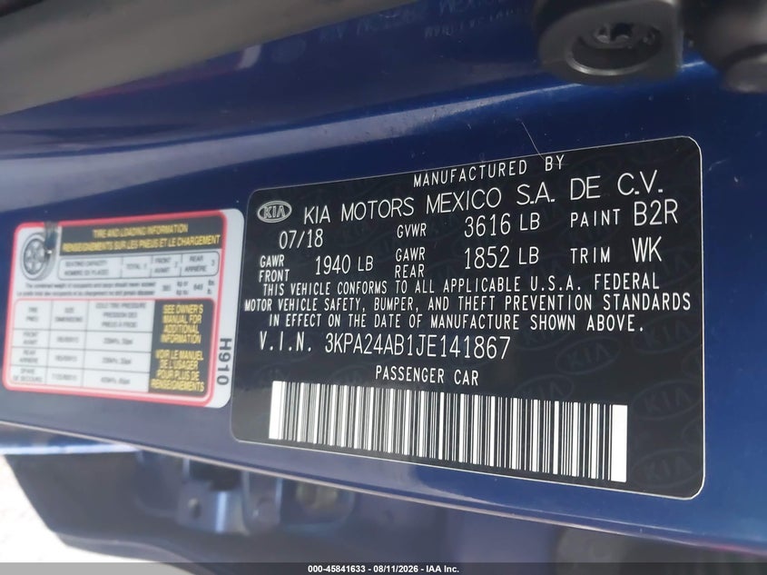 KIA RIO 2018 VIN 3KPA24AB1JE141867