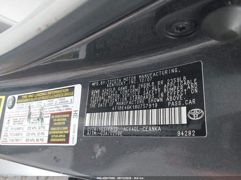 TOYOTA CAMRY 2008 VIN 4T1BE46K18U757919