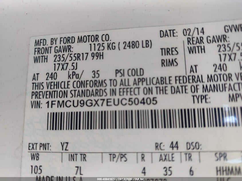 2014 FORD ESCAPE SPORT UTILITY VEHICLE 1.6L I-4 DI, DOHC, VVT, TURBO, 173HP