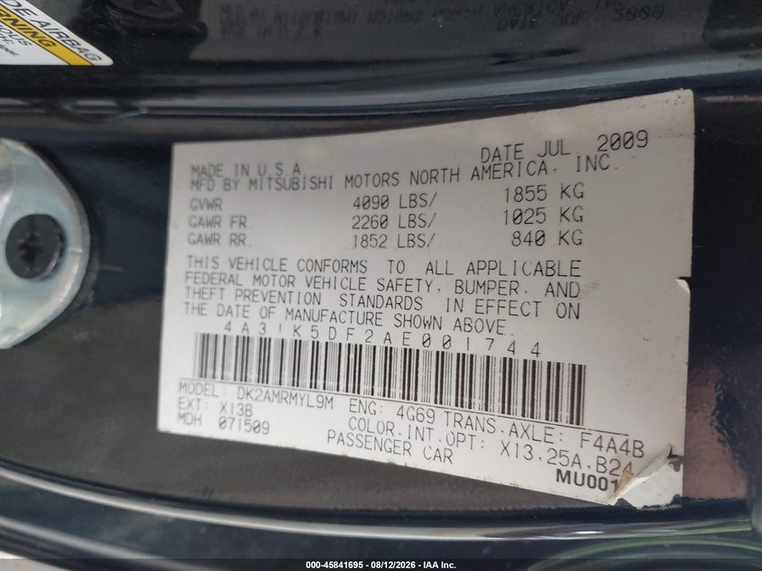 MITSUBISHI ECLIPSE 2010 VIN 4A31K5DF2AE001744