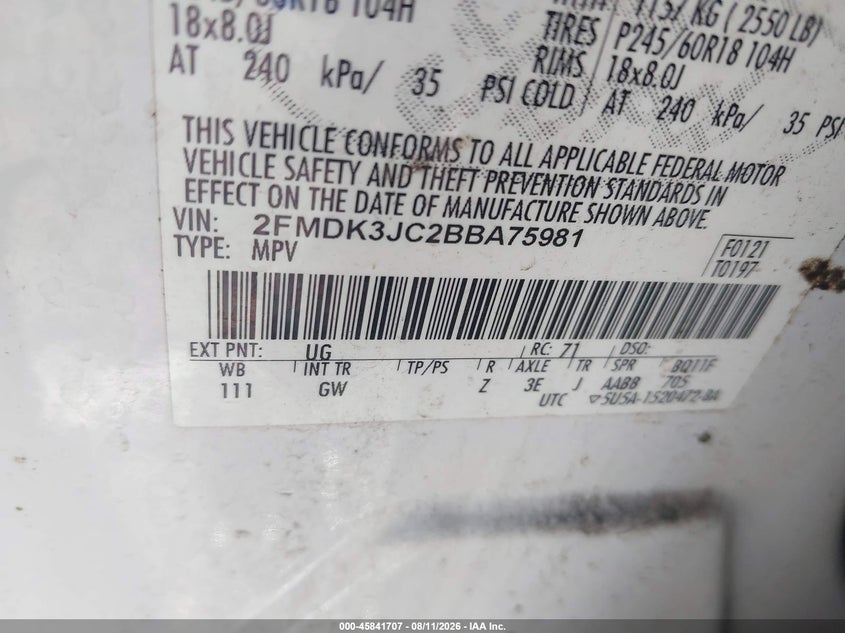FORD EDGE 2011 VIN 2FMDK3JC2BBA75981