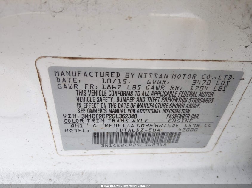 NISSAN VERSA NOTE 2016 VIN 3N1CE2CP2GL362348