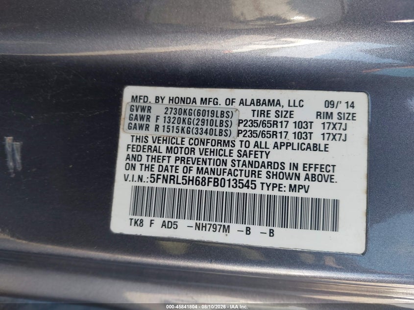 HONDA ODYSSEY 2015 VIN 5FNRL5H68FB013545