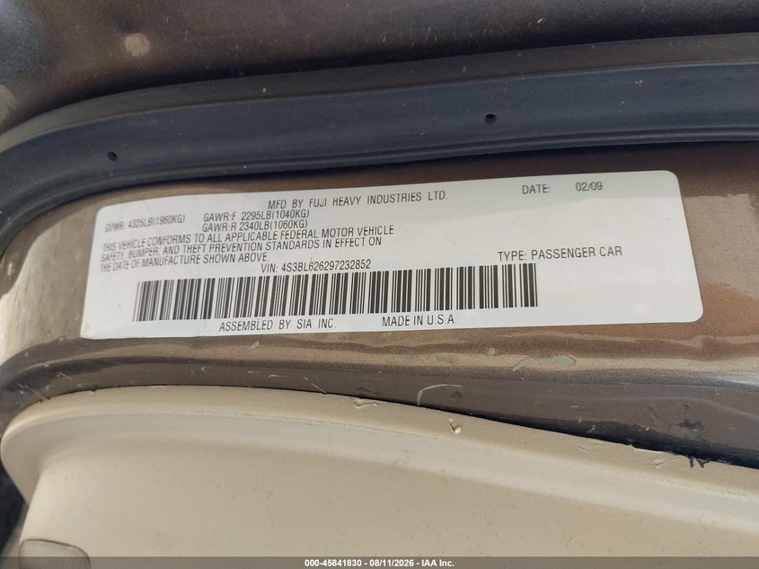 2009 SUBARU LEGACY SEDAN 2.5L H-4 VVT, 170HP