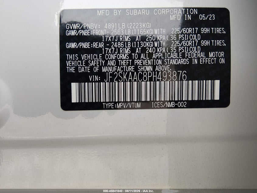 SUBARU FORESTER 2023 VIN JF2SKAAC8PH493876