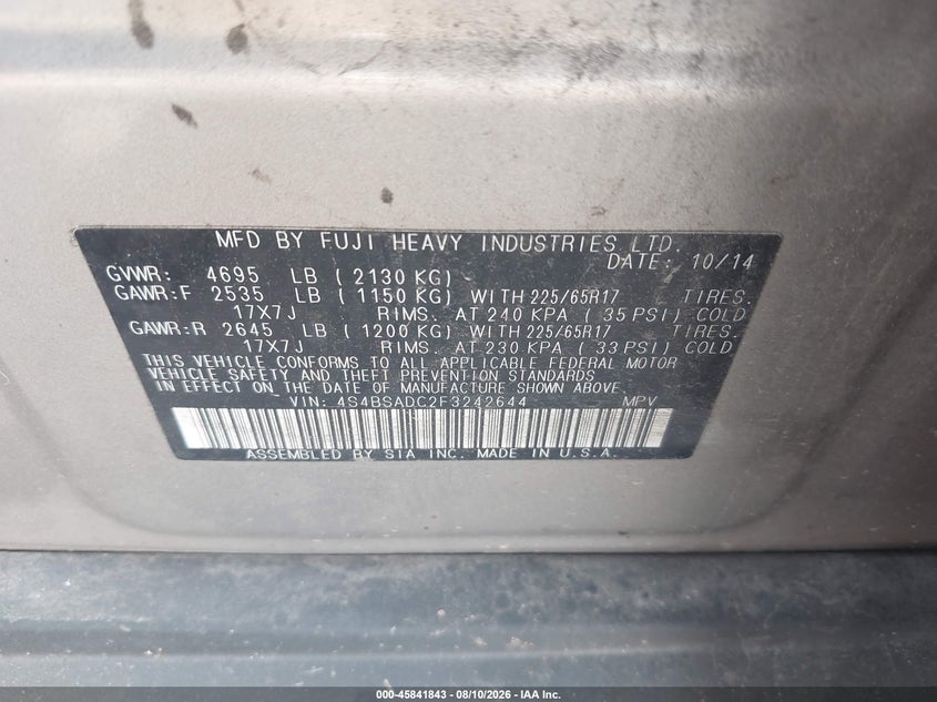 SUBARU OUTBACK 2015 VIN 4S4BSADC2F3242644