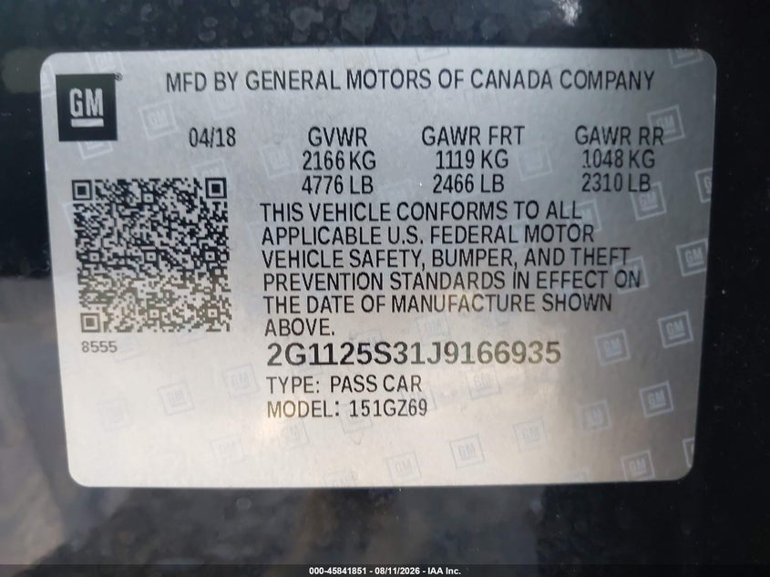 CHEVROLET IMPALA 2018 VIN 2G1125S31J9166935