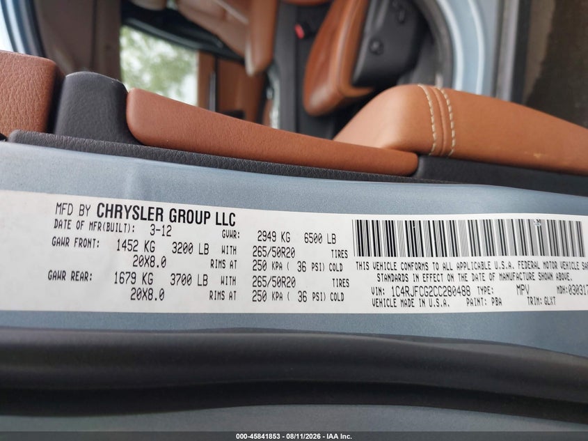 2012 JEEP GRAND CHEROKEE SPORT UTILITY VEHICLE 3.6L V-6 DOHC, VVT, 290HP