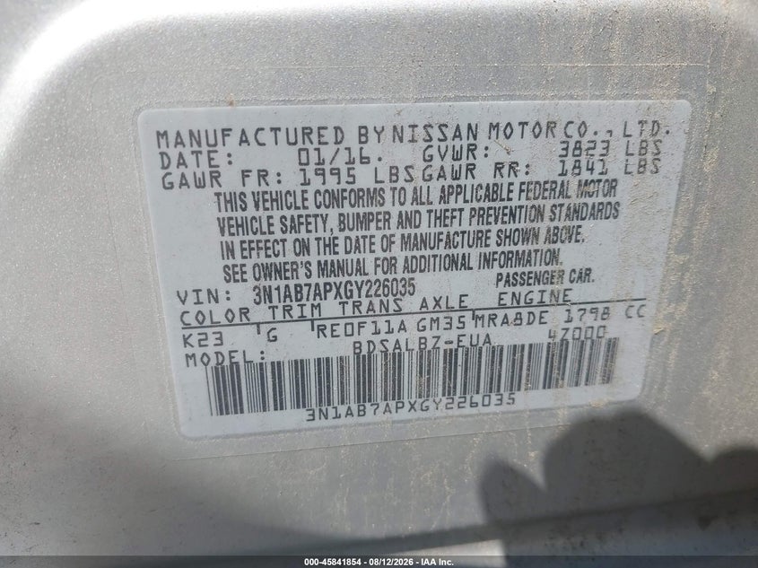 NISSAN SENTRA 2016 VIN 3N1AB7APXGY226035
