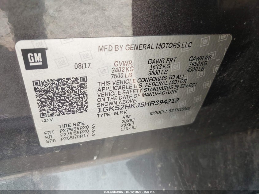 GMC YUKON XL 2017 VIN 1GKS2HKJ5HR394212