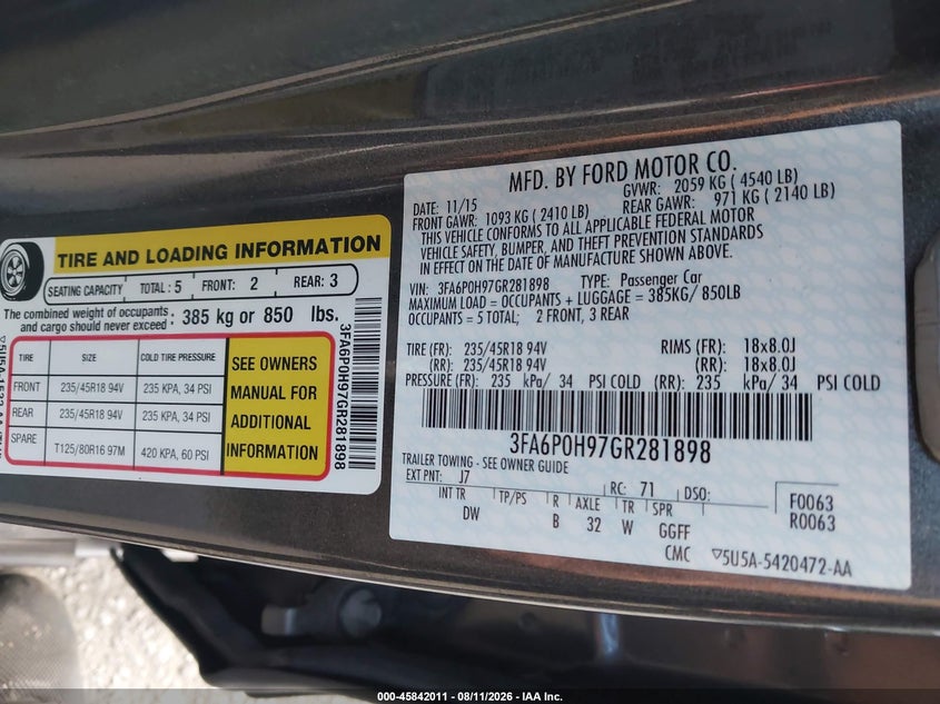FORD FUSION 2016 VIN 3FA6P0H97GR281898