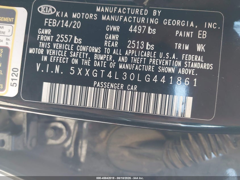 KIA OPTIMA 2020 VIN 5XXGT4L30LG441861