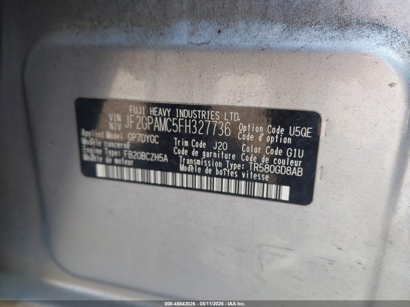 SUBARU XV CROSSTREK 2015 VIN JF2GPAMC5FH327736