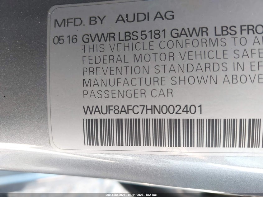 AUDI A6 2017 VIN WAUF8AFC7HN002401