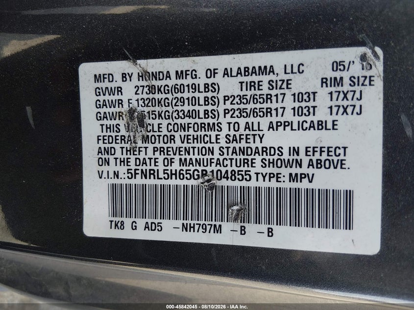HONDA ODYSSEY 2016 VIN 5FNRL5H65GB104855