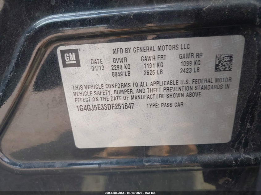 BUICK LACROSSE 2013 VIN 1G4GJ5E33DF251847