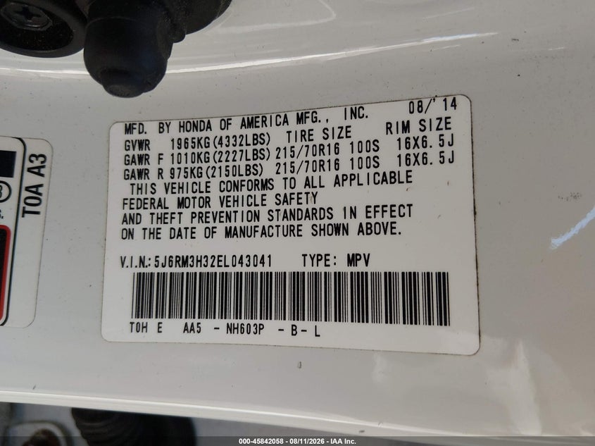 HONDA CR-V 2014 VIN 5J6RM3H32EL043041