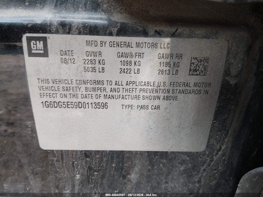 CADILLAC CTS 2013 VIN 1G6DG5E59D0113596