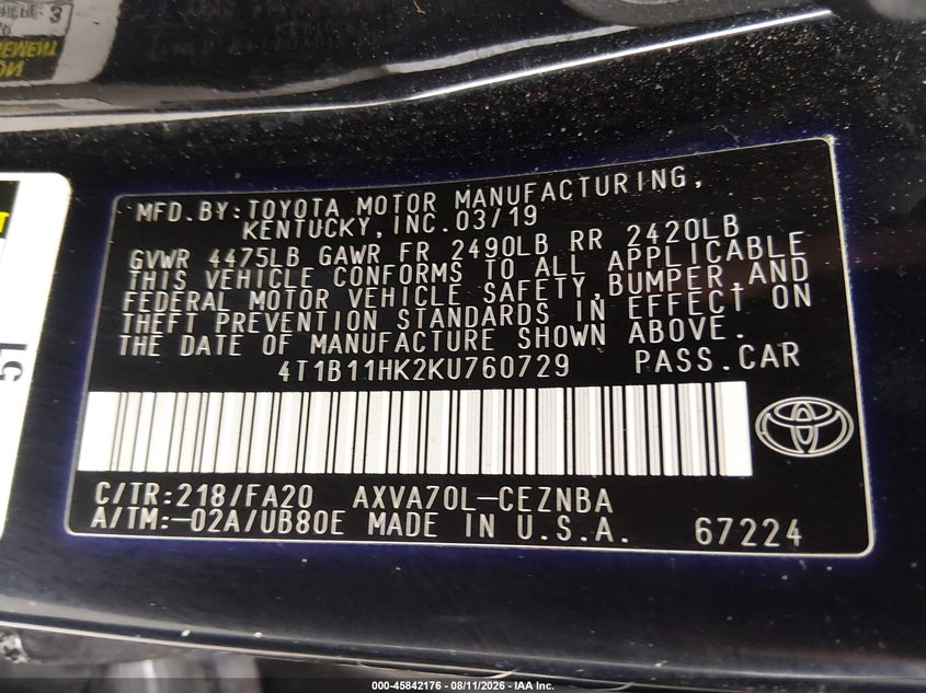 2019 TOYOTA CAMRY auction photo 8