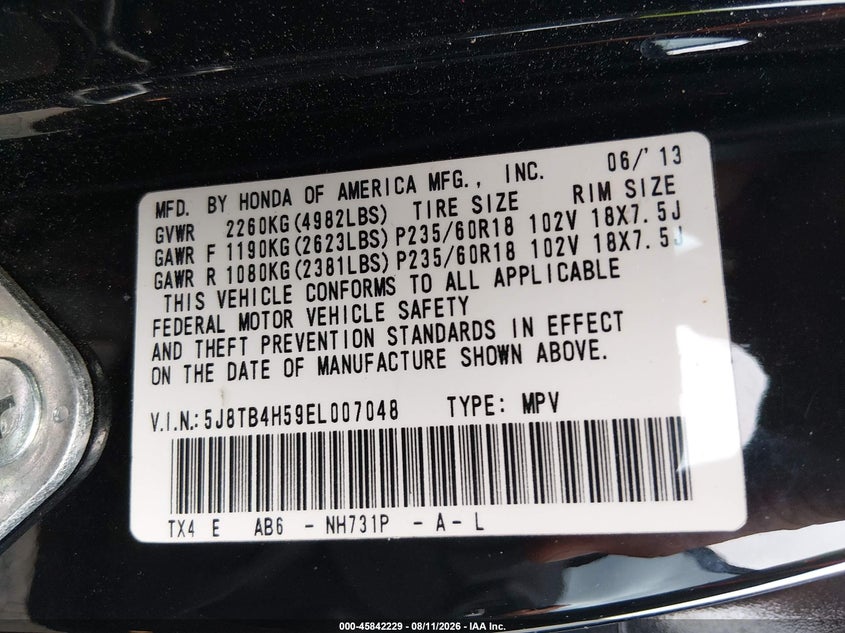 ACURA RDX 2014 VIN 5J8TB4H59EL007048