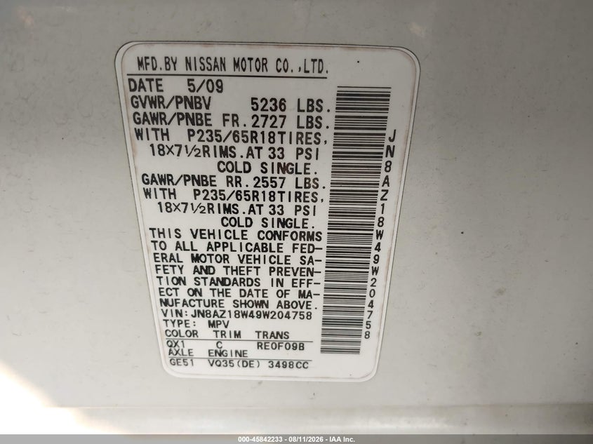 NISSAN MURANO 2009 VIN JN8AZ18W49W204758
