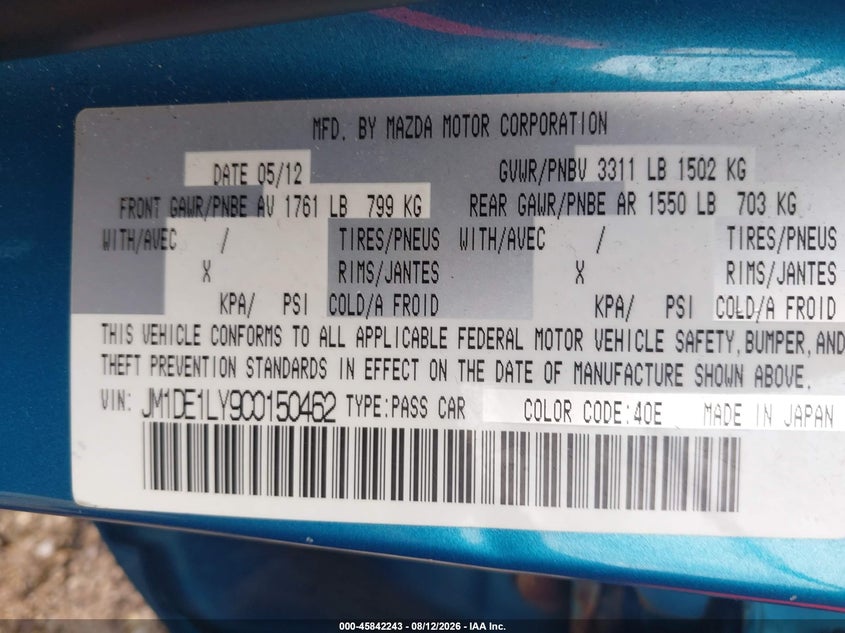 MAZDA MAZDA2 2012 VIN JM1DE1LY9C0150462