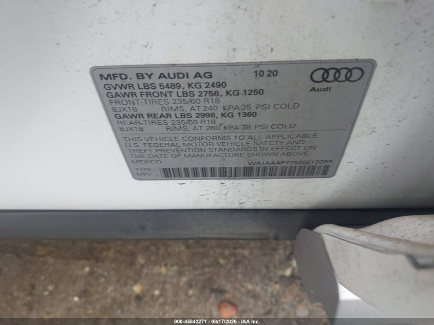 2021 AUDI Q5 SPORT UTILITY VEHICLE 2.0L I-4 DI, DOHC, VVT, TURBO, 261HP