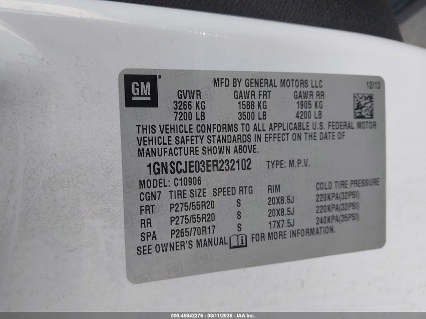 CHEVROLET SUBURBAN 2014 VIN 1GNSCJE03ER232102
