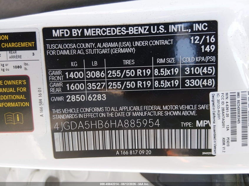 MERCEDES-BENZ GLE 350 2017 VIN 4JGDA5HB6HA885954