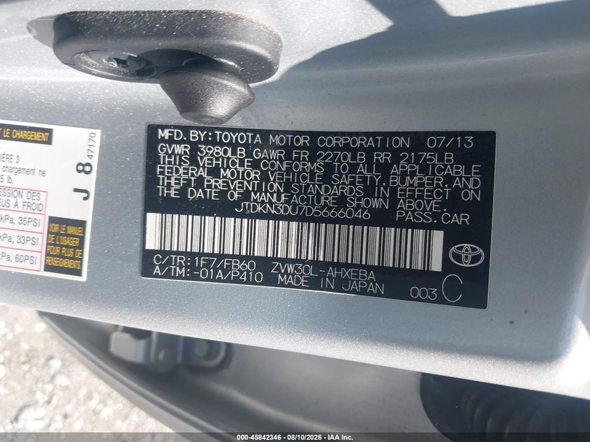 TOYOTA PRIUS 2013 VIN JTDKN3DU7D5666046