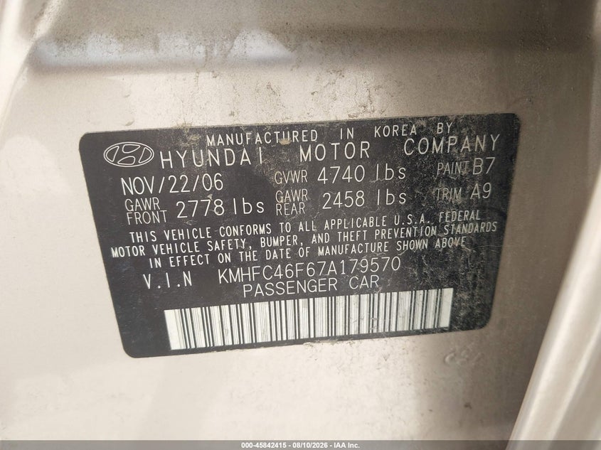 2007 HYUNDAI AZERA SEDAN 3.8L V-6 DOHC, VVT, 263HP