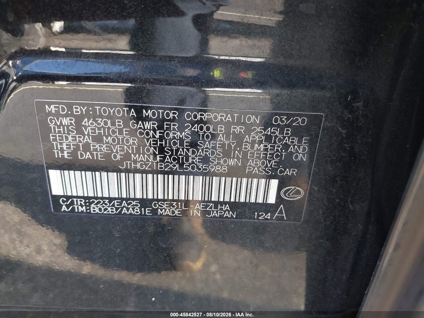 LEXUS IS 350 2020 VIN JTHGZ1B29L5035988