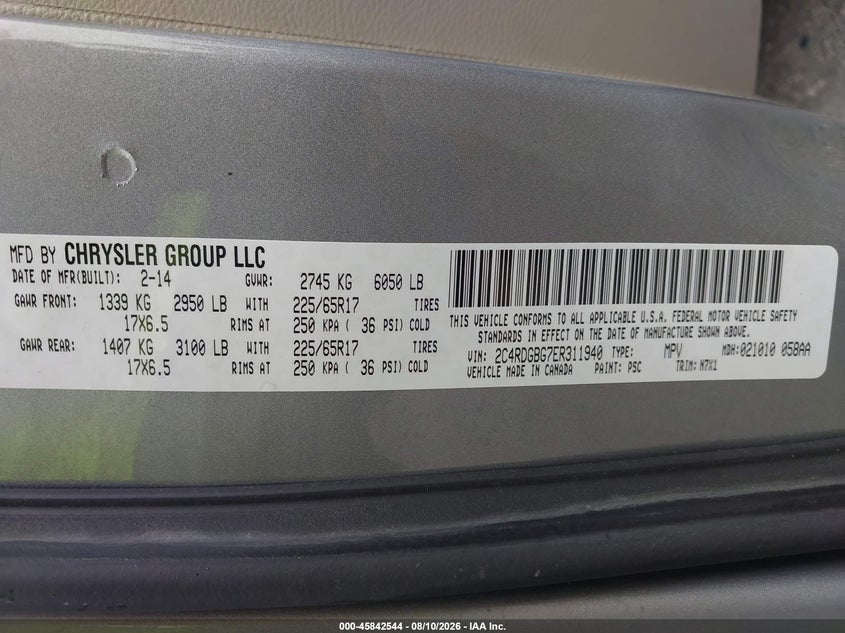 DODGE GRAND CARAVAN 2014 VIN 2C4RDGBG7ER311940