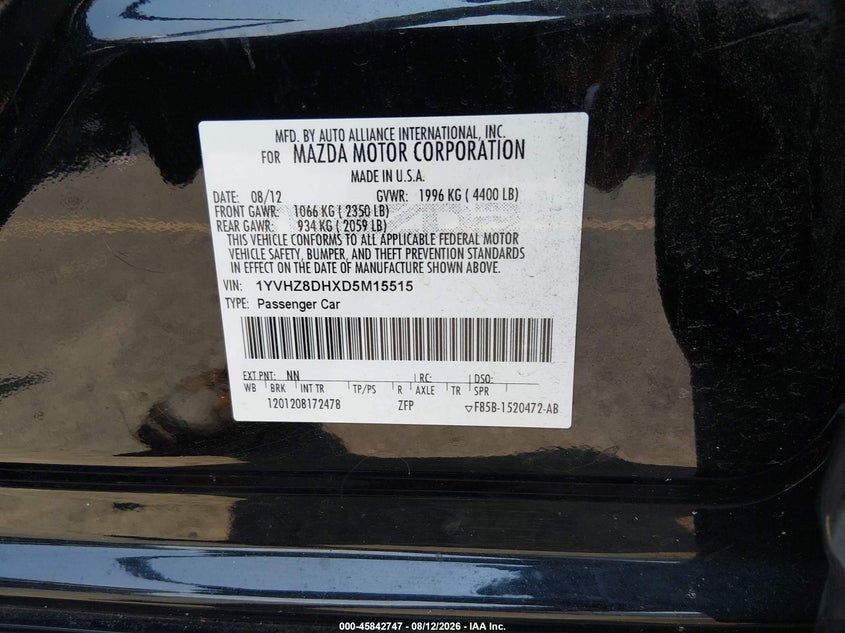 2013 MAZDA 6 SEDAN 2.5L I-4 DOHC, VVT, 170HP