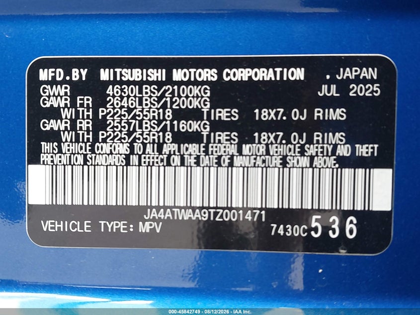MITSUBISHI ECLIPSE CROSS 2026 VIN JA4ATWAA9TZ001471