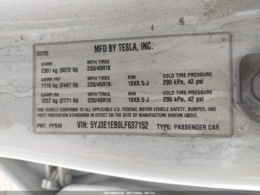 TESLA MODEL 3 2020 VIN 5YJ3E1EB0LF637152