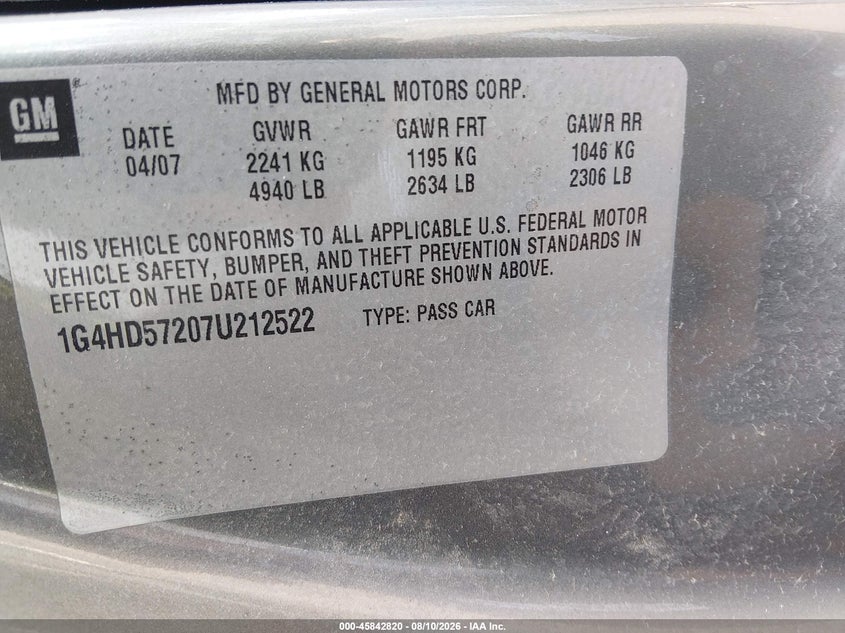 BUICK LUCERNE 2007 VIN 1G4HD57207U212522