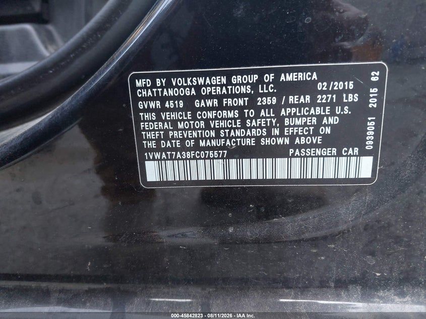 VOLKSWAGEN PASSAT 2015 VIN 1VWAT7A38FC075577
