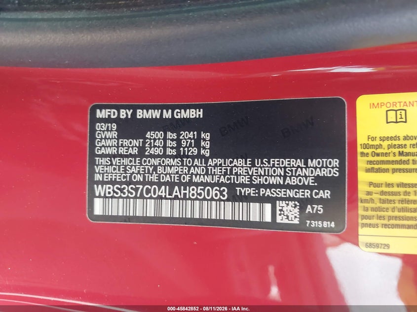 BMW M4 2020 VIN WBS3S7C04LAH85063