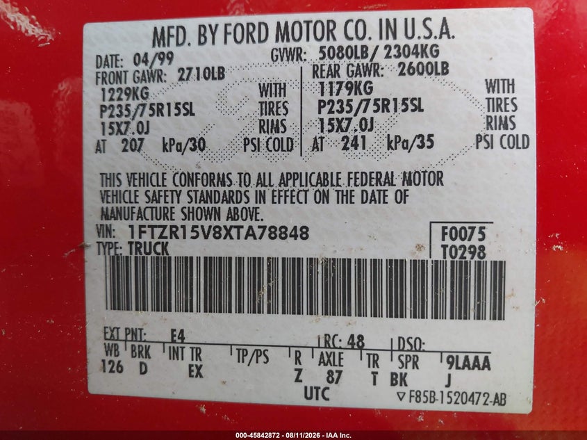 FORD RANGER 1999 VIN 1FTZR15V8XTA78848