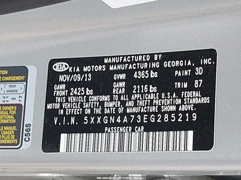 2014 KIA OPTIMA SEDAN 2.4L I-4 DI, DOHC, VVT, 192HP