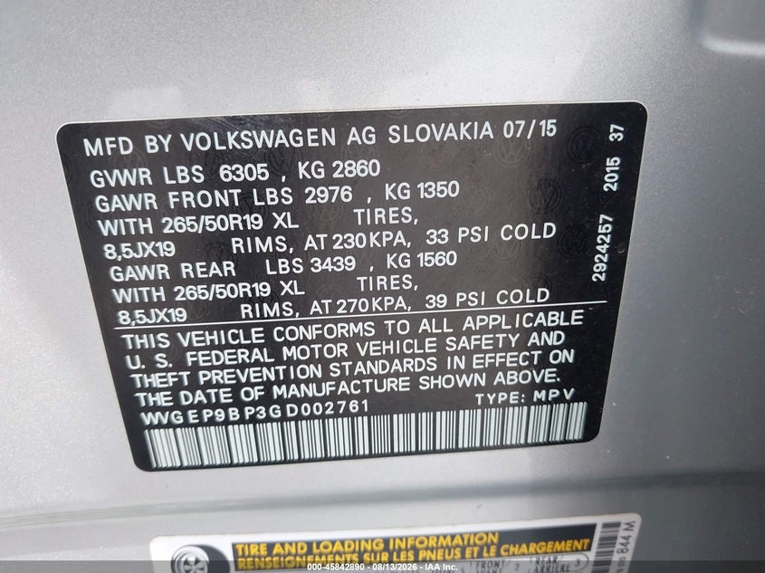 VOLKSWAGEN TOUAREG 2016 VIN WVGEP9BP3GD002761