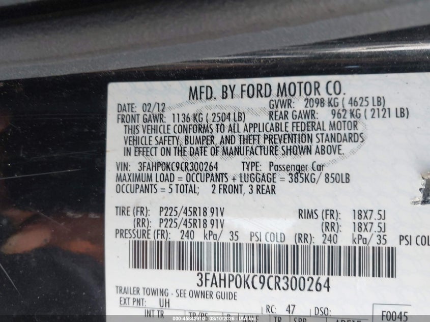 2012 FORD FUSION SEDAN 3.5L V-6 DOHC, VVT, 263HP