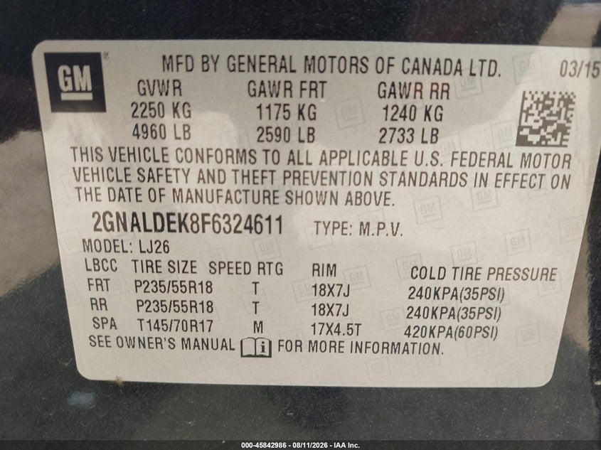 CHEVROLET EQUINOX 2015 VIN 2GNALDEK8F6324611